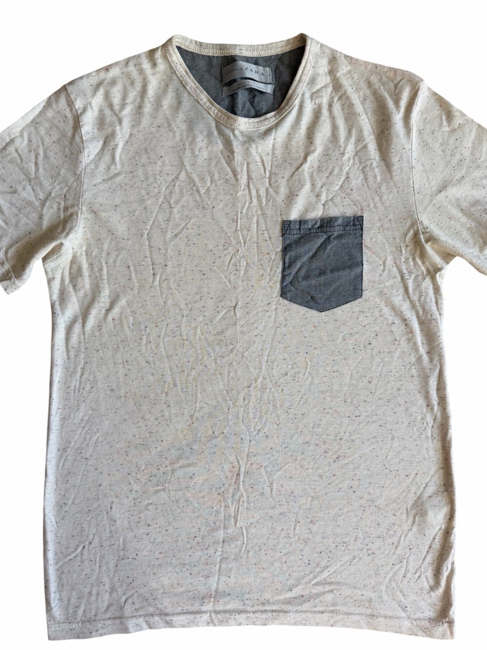 Zara Man Daily Outfit Ivory Speckled Pocket T-Shirt Size Small